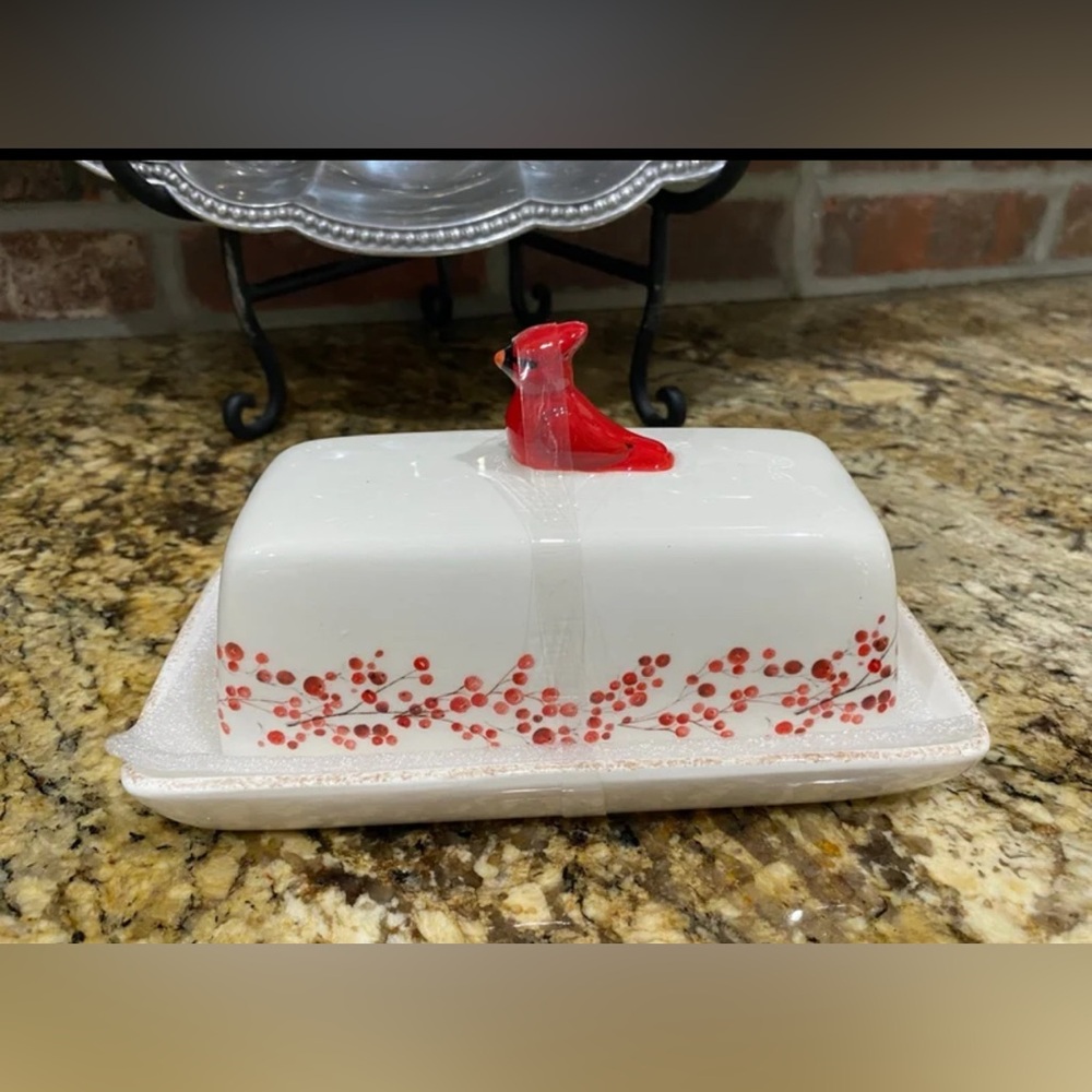 Potters Studio Cardinal and japanese cherry blossom covered butter dish new! - Picture 4 of 7